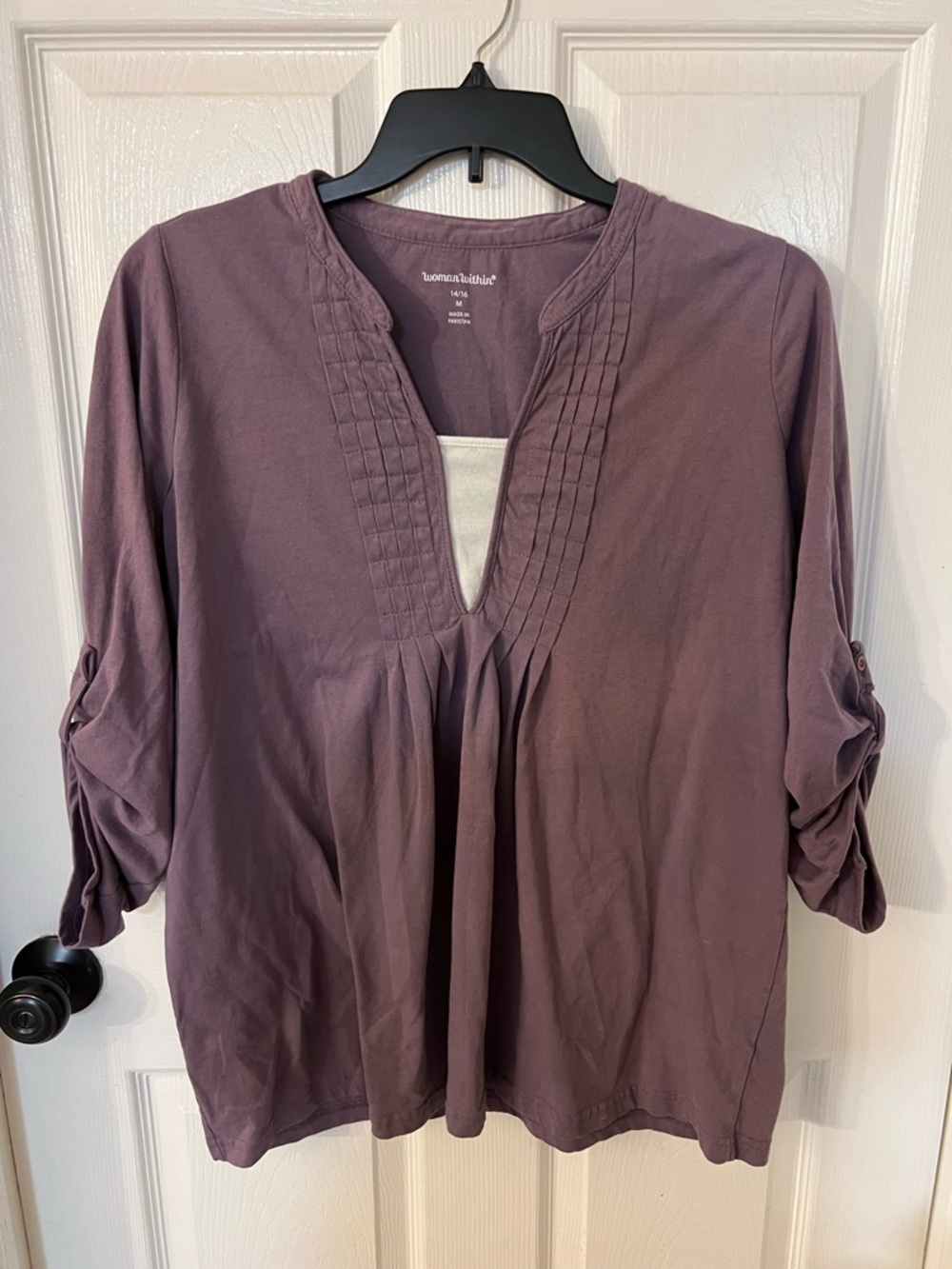 Woman Within Plum Pintuck V‑Neck Roll‑Tab Tunic